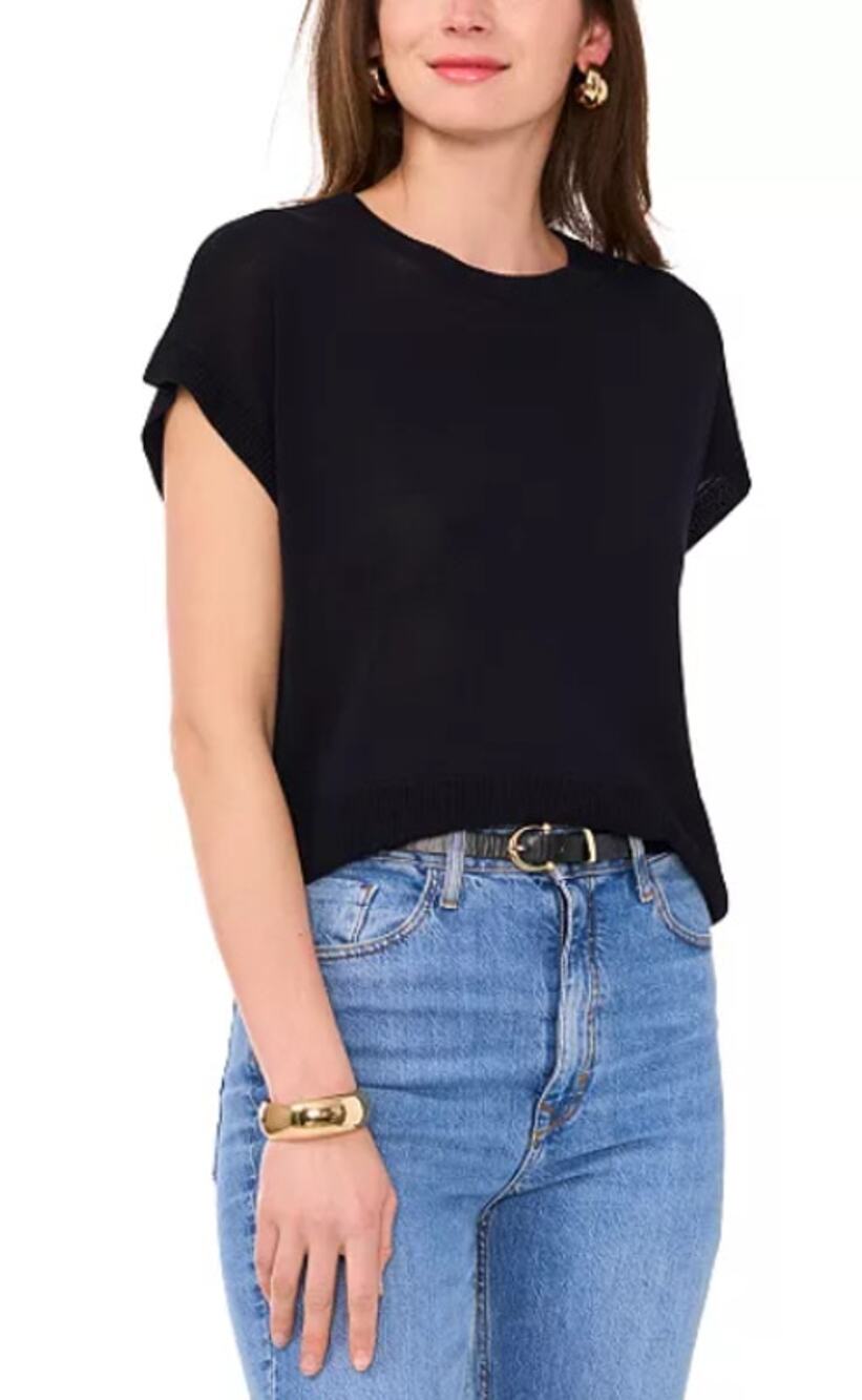 NEW Vince Camuto Knit Top Women's Black Short Sleeve Round Neck Size L